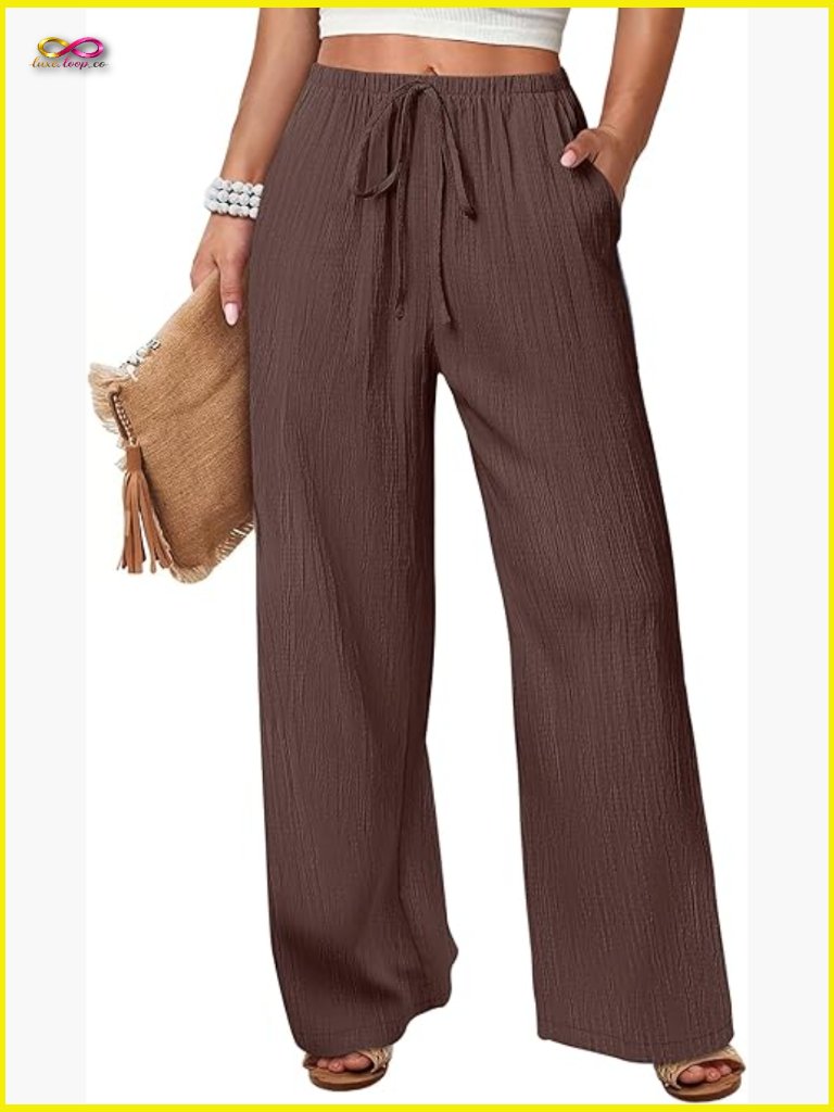 Wide Leg Beach Pants Elastic Waist Casual Flowy Palazzo Lounge Trousers Pockets